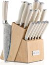 Sunnecko 15-Piece Knife Set with Block & Sharpener – High Carbon Stainless Steel, White Handles
