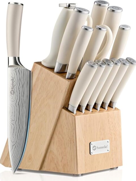 Sunnecko 15-Piece Knife Set with Block & Sharpener – High Carbon Stainless Steel, White Handles