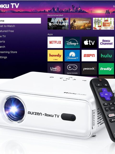 Aurzen Roku Smart Projector – 1080P FHD, Wi-Fi & Bluetooth, Auto Focus, Portable Mini Projector