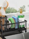 Cisily Kitchen Sink Caddy – Rustproof Stainless Steel Sponge & Brush Holder, Black