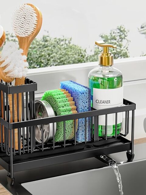 Cisily Kitchen Sink Caddy – Rustproof Stainless Steel Sponge & Brush Holder, Black