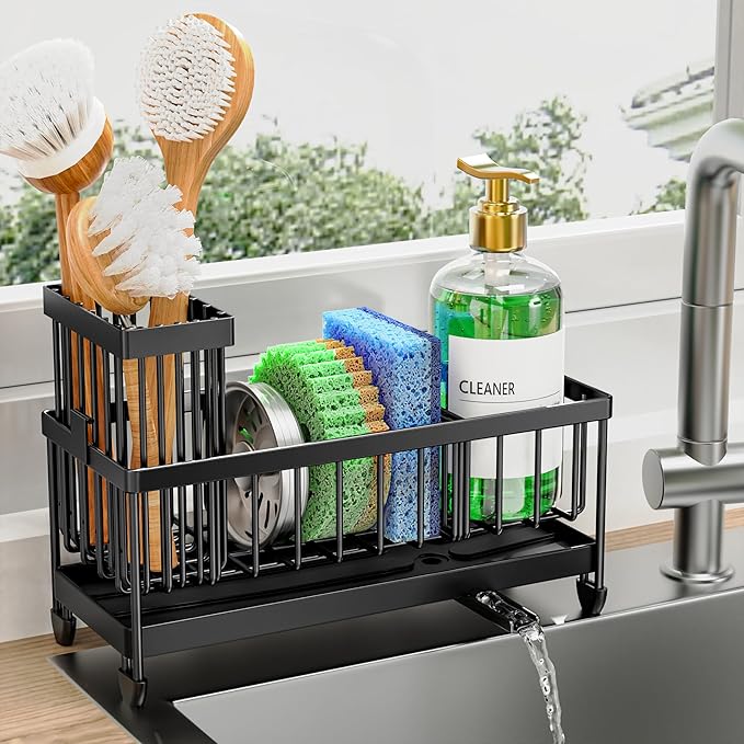 Cisily Kitchen Sink Caddy – Rustproof Stainless Steel Sponge & Brush Holder, Black